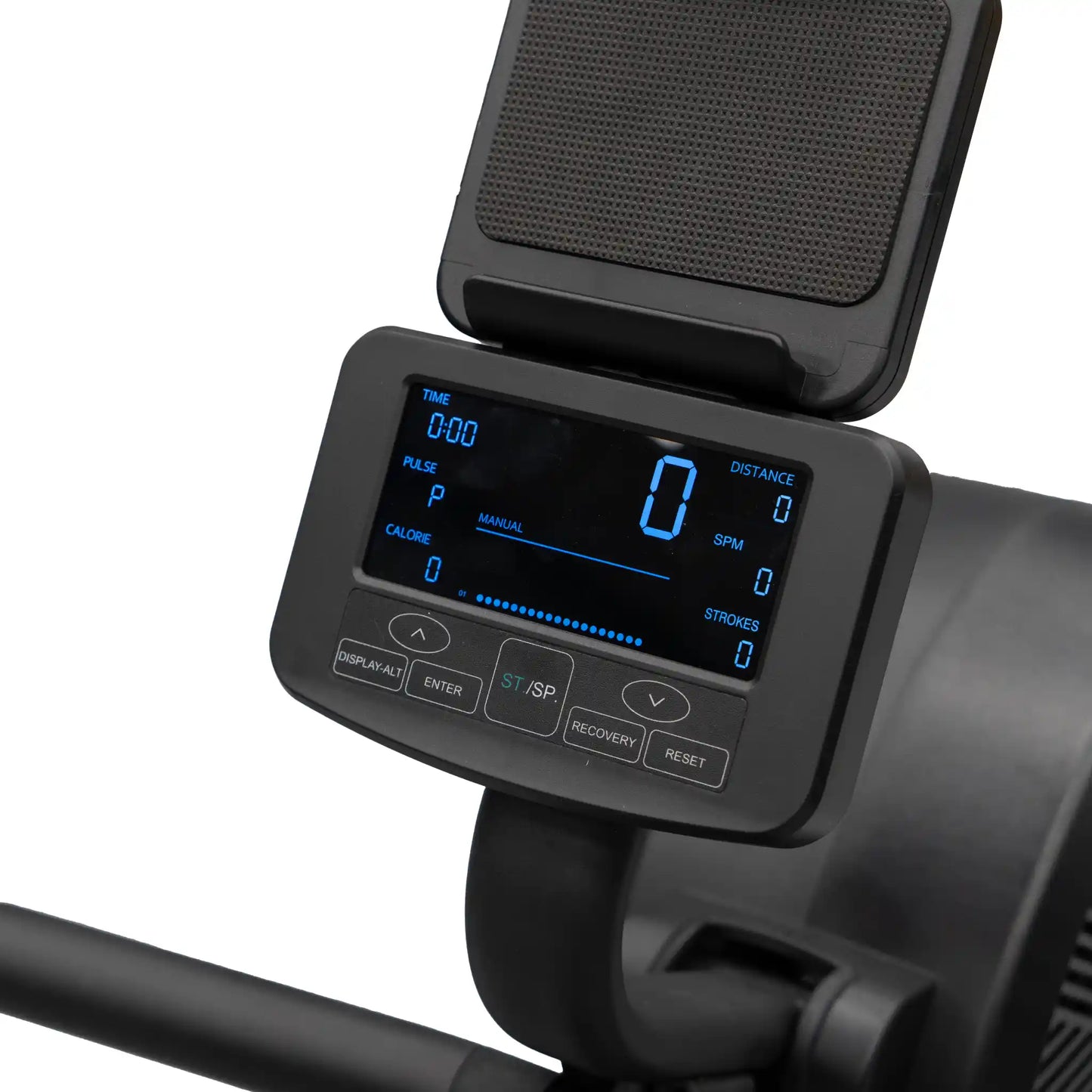Digital display on a rowing machine with a white background