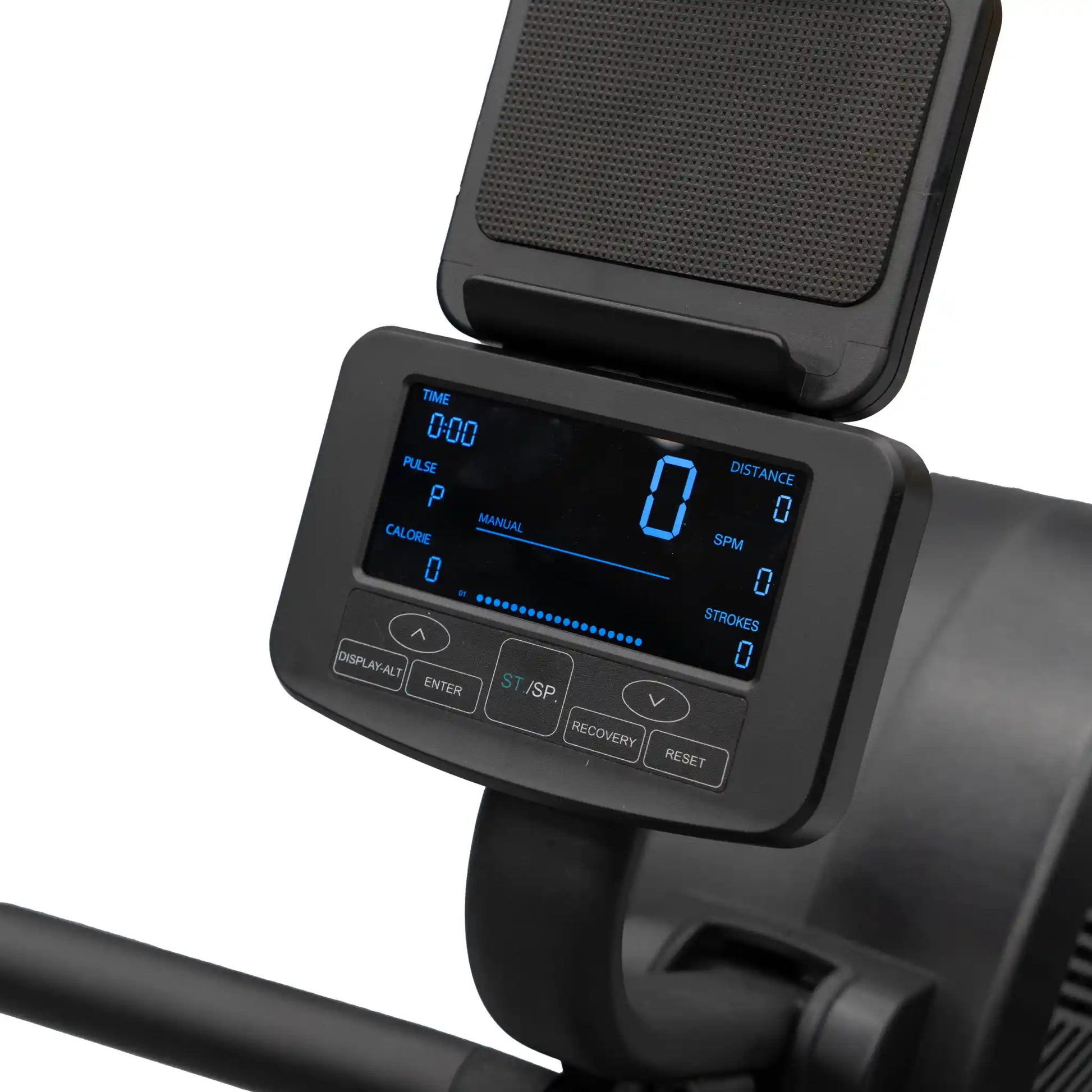 Digital display on a rowing machine with a white background