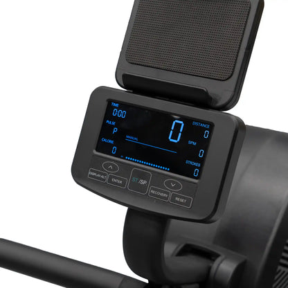 Digital display on a rowing machine with a white background